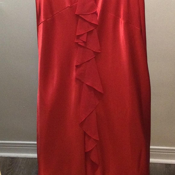 Red silky evening gown, sheer top, flare bottom - Picture 14 of 14